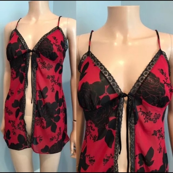 Y2K Open Front VS Black Roses Babydoll Lingerie, Sz S (36) - Picture 10 of 10